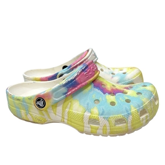 Crocs Unisex Clogs Shoes Yellow Blue Tie Dye Slip On Slingback Cut Out M5/W7 - Picture 1 of 7
